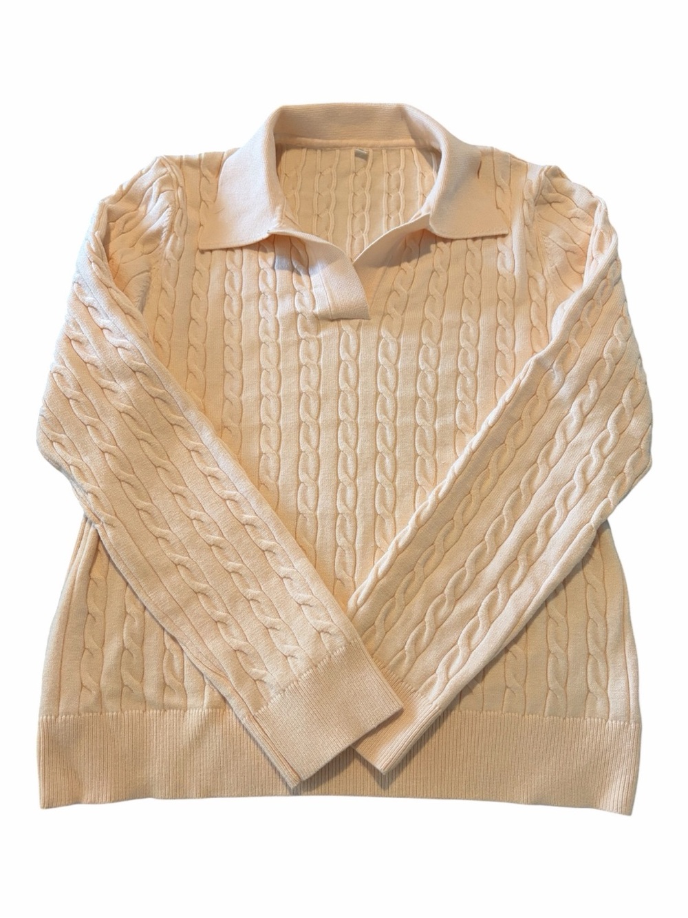 Vintage Creamy Beige Cable Knit Sweater Split Neck Minimalist